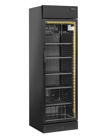 Frigorifero vetrina bibite colore nero con luce interna a led giallo - Lt. 372 - temperatura +1°/+12°C - cm 59,5x60,4x198h