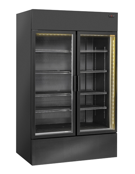 Frigorifero vetrina bibite 2 porte battenti colore nero con luce interna a led giallo - temp. +1°/+12°C - cm 120x77x203h