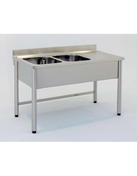 Lavatoio inox gambe tonde 2 vasche+gocc.destro Cm.140x60x85/90h