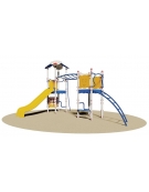 Villaggio 2 torrette (1 con tetto) con scivolo in polietilene , pertica , arrampicata orizzontale ,panchetta e pannello gioco tr