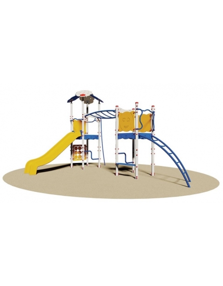 Villaggio 2 torrette (1 con tetto) con scivolo in polietilene , pertica , arrampicata orizzontale ,panchetta e pannello gioco tr