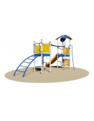 Villaggio 2 torrette (1 con tetto) con scivolo in polietilene , pertica , arrampicata orizzontale ,panchetta e pannello gioco tr
