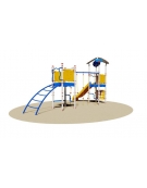 Villaggio gioco con 2 torrette (1 con tetto), 1 arrampicata, 1 pertica, 1 scivolo in polietilene, 1 gioco tris ed 1 Panchetta 