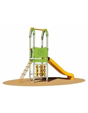 Torretta "zero legno"  salita con scala in corda  - scivolo polietilene - Dimensioni cm 465x115x360h