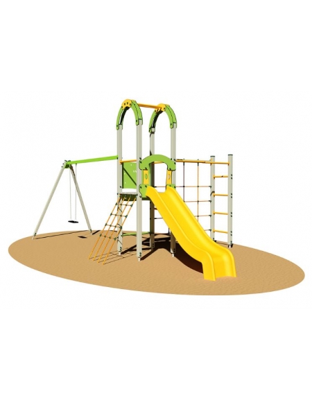 Villaggio "zero legno" scala corda, arrampicata e altalena - scivolo polietilene - cm 440x705x360h