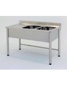 Lavatoio inox gambe tonde 2 vasche + gocciolatoio sinistro Cm.140x60x85/90