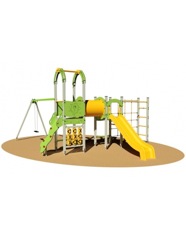 Villaggio "zero legno"  scala ad appigli, 2 torrette, 1 arrampicata e 1 altalena - scivolo polietilene - cm 600x705x360h