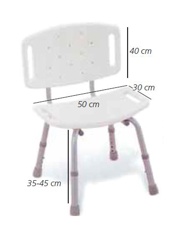 Sedia per doccia in alluminio con seduta e schienale in plastica, altezza regolabile, piedini antiscivolo, portata max 100kg.