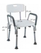 Sedia da doccia con braccioli in alluminio, seduta e schienale in plastica, altezza reg., portata max 100kg.