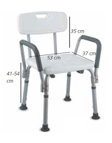 Sedia da doccia con braccioli in alluminio, seduta e schienale in plastica, altezza reg., portata max 100kg.