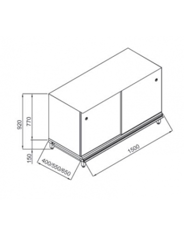 Retrobanco neutro bar - TOP INOX ESCLUSO-Struttura ed antine in legno-Predisposizione per appoggio pedana - cm 150x40x97h