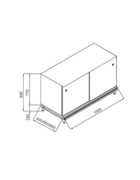 Retrobanco neutro bar - TOP INOX ESCLUSO-Struttura ed antine in legno-Predisposizione per appoggio pedana - cm 150x40x97h