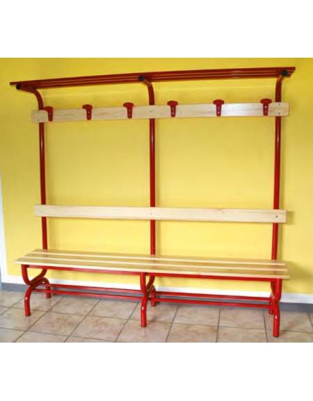 Panchina spogliatoio con schienale, appendiabiti e cappelliera - Colore  rosso - Lunghezza cm 200 sezione diametro mm 40