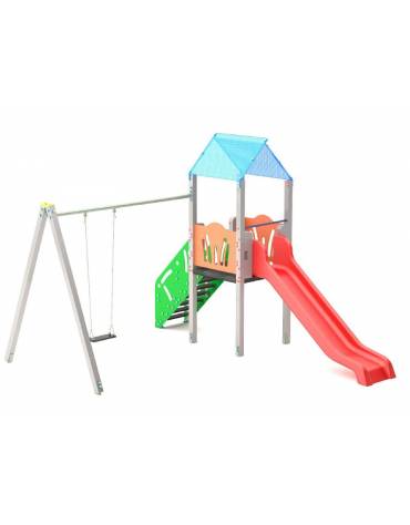 Torre pali in alluminio con scivolo in polietilene, scala e pianale in lamiera - Altalena 1 posto - cm 452x425x330h