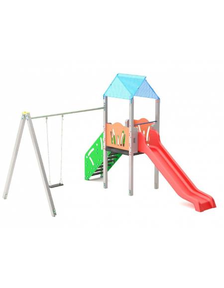 Torre pali in alluminio con scivolo in polietilene, scala e pianale in lamiera - Altalena 1 posto - cm 452x425x330h