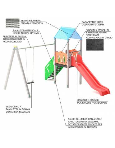 Torre con scivolo in polietilene rotazionale, scala e pianale in lamiera - Altalena 1 posto - cm 393x456x330h