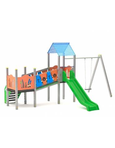 Baby vilaggio, 2 torri con pali in alluminio, scivolo in polietilene - altalena 1 posto - cm 426x646x330h