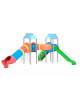 Mini villaggio con pali in alluminio, arrampicata, 2 torri e 2 scivoli di cui 1 a tunnel, scala e pianale in lamiera