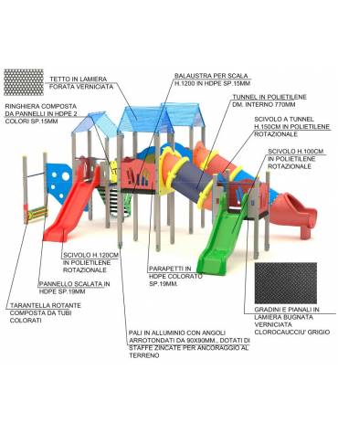 Maxi Villaggio attrezzato, 3 torri e 3 scivoli di cui 1 a tunnel - cm 857x668x360h