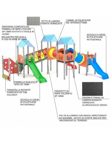Maxi Villaggio attrezzato, 3 torri e 3 scivoli - cm 790x668x360h