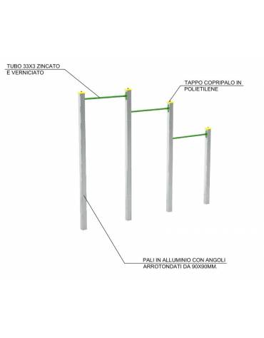 Attrezzo per sollevamento sulle braccia per esercizi  ginnici con pali in legno lamellare e calotta in plastica - cm 310x10x252