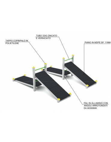 Attrezzo per flessione su panca inclinata con pali in legno lamellare e calotta in plastica - cm 365x306x132h