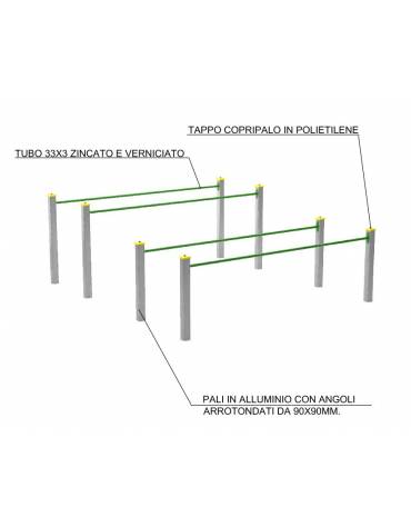 Attrezzo ad ostacoli per esercizi  ginnici con pali in legno lamellare e calotta in plastica - cm 310x349x132h