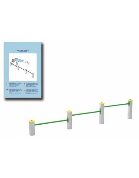 Attrezzo per piegamenti sulle braccia per esercizi  ginnici con pali in legno lamellare e calotta in plastica - cm 310x10x52h