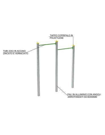 Attrezzo per sollevamento sulle braccia per esercizi  ginnici con pali in legno lamellare e calotta in plastica - cm 210x10x252h
