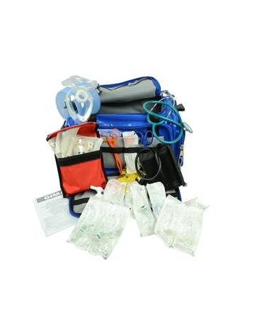 Kit pronto soccorso con borsa emergenza - poliestere 600D blu - ricoperto in PVC completo di accessori - cm 35x45x21h