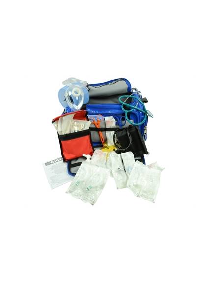 Kit pronto soccorso con borsa emergenza - poliestere 600D blu - ricoperto in PVC completo di accessori - cm 35x45x21h