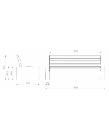 Panchina con schienale, doghe in legno di pregio, struttura in acciaio zincato e verniciato e cemento - cm 198,8x73x78,2h