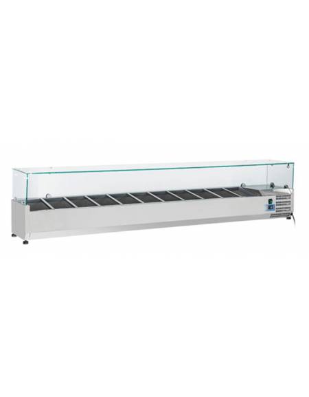 Vetrina refrigerata per banco pizza con castello vetro dritti - capacità n.11 bacinelle GN 1/4 - cm 220x33,5x44h