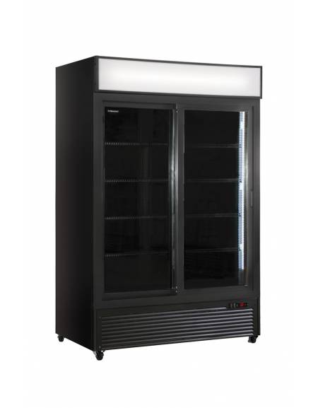 Frigo bibite doppia porta scorrevole ventilato 0°/+10°C, con opalina pubblicitaria - colore nero - Lt 912 - cm 133x64,5x202,3h