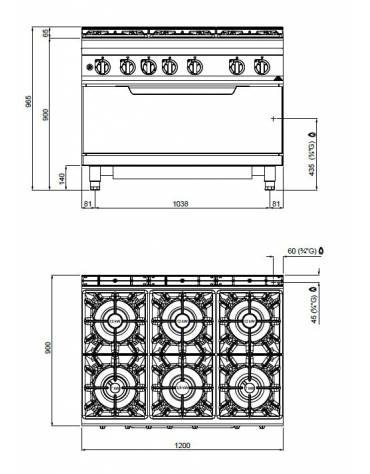 Cucina a gas 6 fuochi ALTA POTENZA con forno a gas MAXI - cm 120x90x85/90h