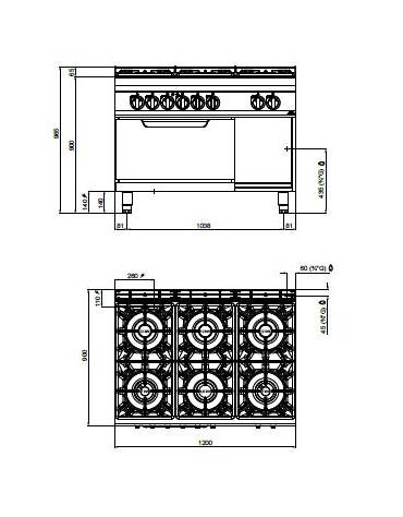 Cucina 6 Fuochi a gas MEDIA POTENZA con forno a gas GN 2/1 - cm 120x90x85/90h