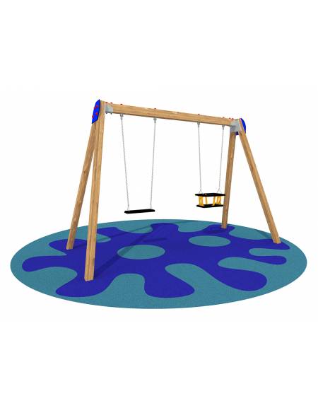 Altalena in legno da giardino per bambini 2 posti - N° 1 Sedile piano e N° 1 Sedile in gabbia - cm 345x155x225 h