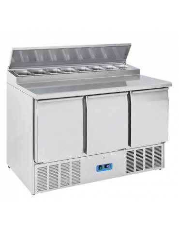Saladette refrigerata inox, 3 sportelli GN con top sandwich e vano per 8 vaschette GN 1/6 - temp. +0°/+8°C - cm 136,5x70x100,5h