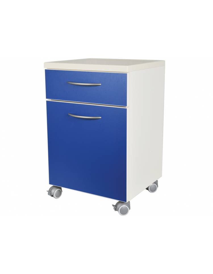 COMODINO IN LEGNO CON RUOTE , CASSETTO ED ANTA COLORE BLU - CM 45x40x75h-  Arredamento ospedaliero/ambulatorio/sanitario - Comodi