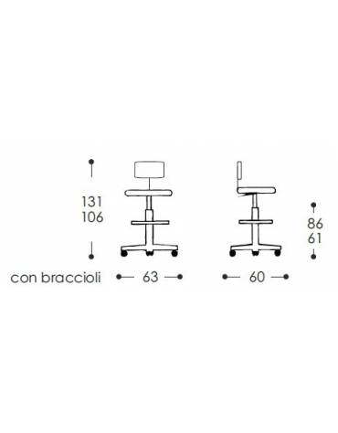 Sgabello con schienale e braccioli - alzata a gas - anello poggiapiedi cm 58x60x106/131h