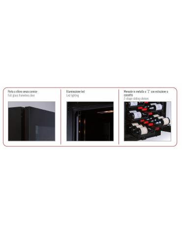 Vetrina per vini ventilata - 1 porta - N° 108 Bottiglie vino - doppia temperatura +2°C+12°C / +12°C +20°C - cm 59,5x70x160,4h