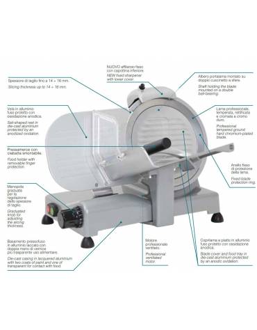 Affettatrice a gravità in alluminio pressofuso verniciato, affilatoio amovibile - mm 570x480x420h