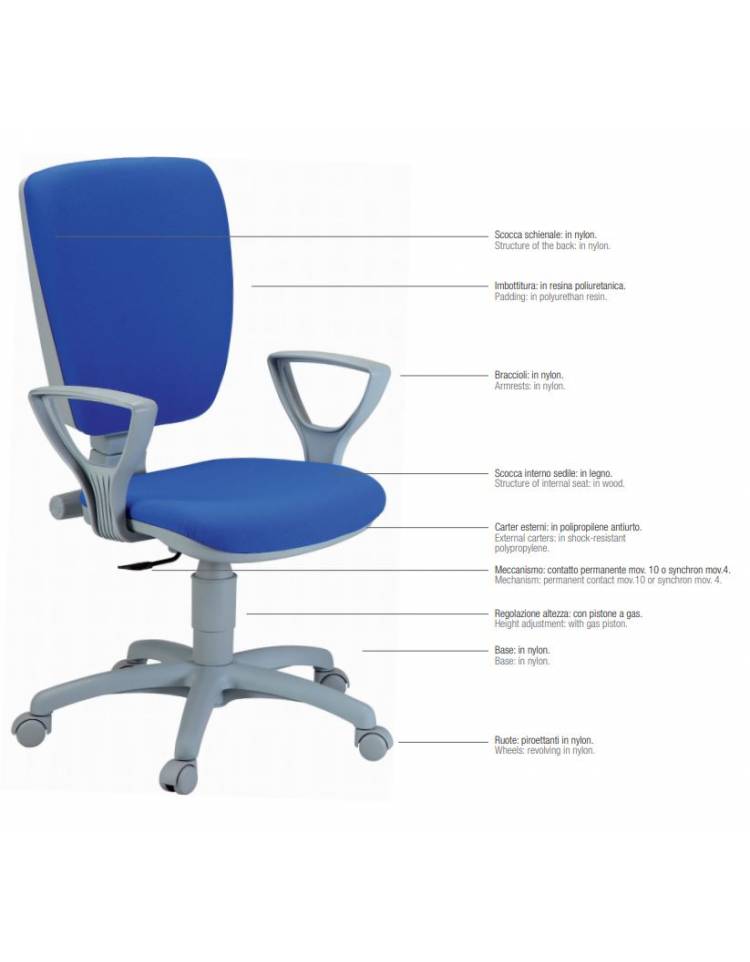 04cp - Sedia Ergonomica Da Ufficio, Con Meccanismo Di Contatto Permanente,  Regolabile In Altezza E Ruote Per Parquet Blu