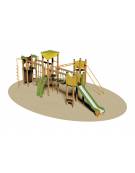 Villaggio in legno con scivolo, ponti in corda, pertiche e parete arrampicata - 4 torrette - scivolo inox - cm 900x400x350h