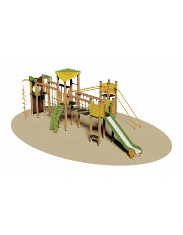 Villaggio in legno con scivolo, ponti in corda, pertiche e parete arrampicata - 4 torrette - scivolo inox - cm 900x400x350h