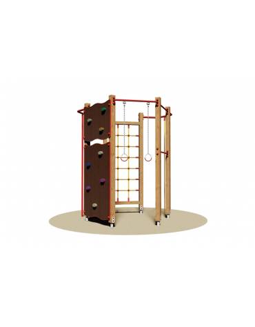 Palestrina in legno con arrampicata , fune, coppia di anelli, pertica e parete con appigli - Da interrare o da tassellare