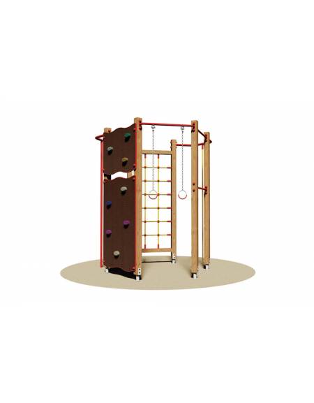 Palestrina in legno con arrampicata , fune, coppia di anelli, pertica e parete con appigli - Da interrare o da tassellare