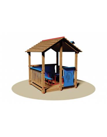 Casetta in legno per bambini a due falde con panchetta 4 posti e parapetti - cm 170x180x200h