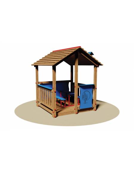 Casetta in legno per bambini a due falde con panchetta 4 posti e parapetti - cm 170x180x200h