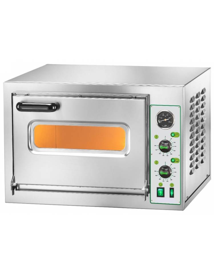 Forno pizza elettrico in acciaio inox 1 pizza - 1 camera di cottura cm  40,5x40,5x22h - N° 2 Termostati - Con luce e pirometro 